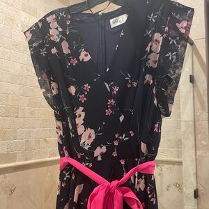 Eliza J high-low dress. Navy floral with magenta sash. Size 12. EUC. Worn once.